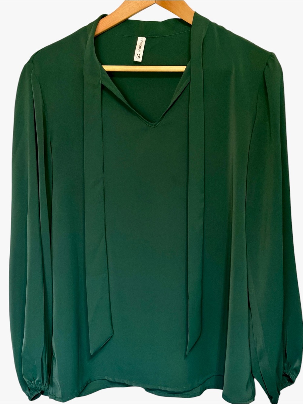 Woman Emerald Green Long Sleeve Blouse with tie size M